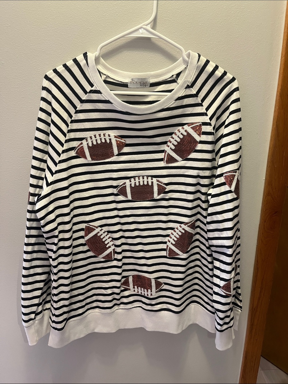 Striped Football Appliqué Sweatshirt - Black & White with Sequin footballs